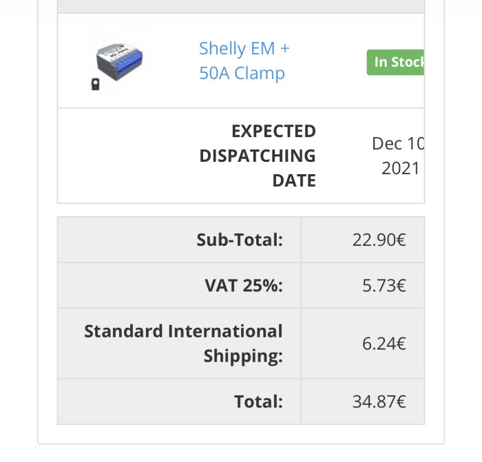Beställningssida med Shelly EM och 50A Clamp med priser och 'I Lager'-markering.