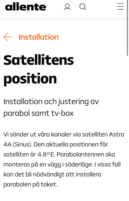 Skärmdump av Allente hemsida som visar information om installation och satellitposition för tv-utsändning.