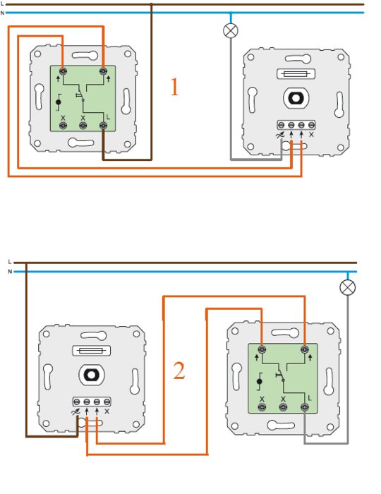 Schematisk illustration av trappkoppling med dimmer, visar anslutning av L-ingångar.