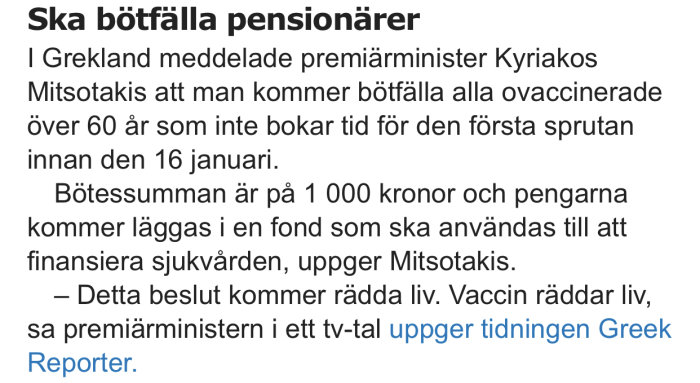 Skärmdump av en nyhetsartikel om att Greklands premiärminister inför böter för ovaccinerade pensionärer.