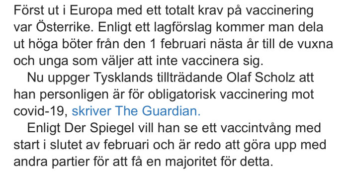 Skärmdump av en nyhetsartikel om obligatorisk vaccination och böter i Europa.