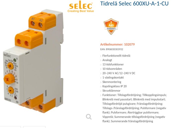 Analog multifunktionell tidrelä Selec 600XU-A-1-CU med orange anslutningar och justerbara tidinställningar.