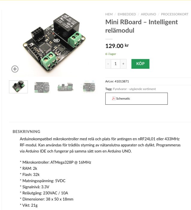 Intelligent relämodul Mini RBoard för Arduino med mikrokontroller och anslutningar på ett kretskort.