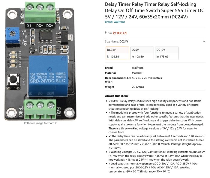 Elektronisk fördröjningsmodul "Delay Timer Relay" med justerbar timer och gröna skruvanslutningar, 60x35x20mm storlek.