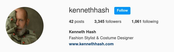 Profilbild av en skäggig man iklädd en jacka med mariannyckelpiga-dekorationer, bredvid Instagram profilinfo.