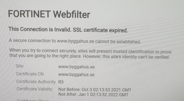 Skärmdump som visar ett SSL-certifikatfelmeddelande från FORTINET Webfilter.