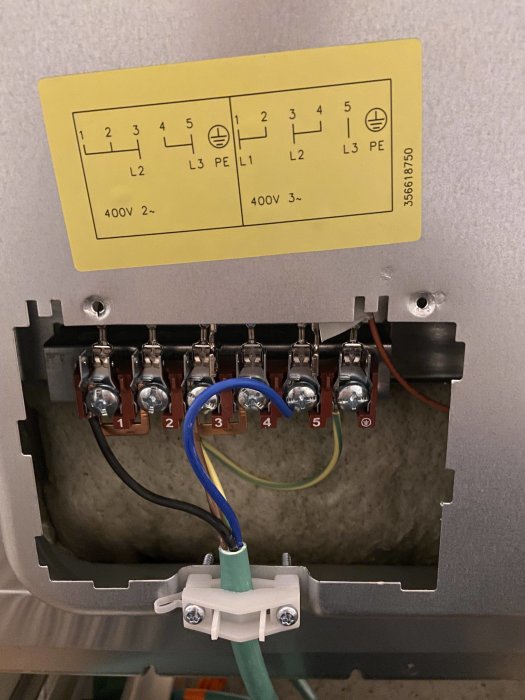 Anslutningsdosa för spis med elektriska kablar anslutna och schemalabel för koppling.