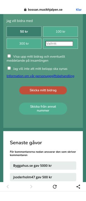 Skärmdump av donationsval med alternativ för 50 kr, 100 kr, 300 kr och ett valfritt belopp på en insamlingswebbsida.