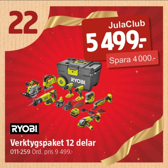 Julas julkalender lucka 22 visar ett Ryobi verktygspaket med 12 delar och prissänkning.