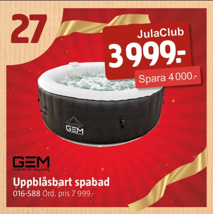 Reklambild för en JulaClub-erbjudande på ett uppblåsbart spabad från GEM, prissänkt till 3 999 SEK från 7 999 SEK.