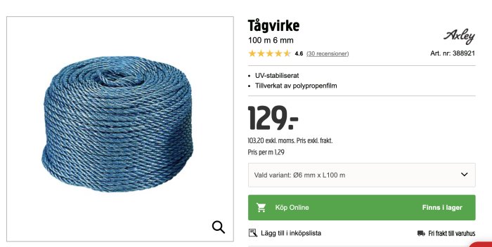 Blått polypropenrep på rulle, 6 mm diameter och 100 m längd, för bygg- och lekprojekt.