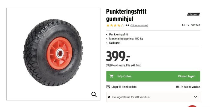 Punkteringsfritt gummirhjul med röd fälg från Hamron, används som del i byggprojekt.