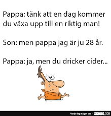 Tecknad bild av en vuxen karaktär som får en uppmaning av sin pappa, med en humoristisk poäng om cider.