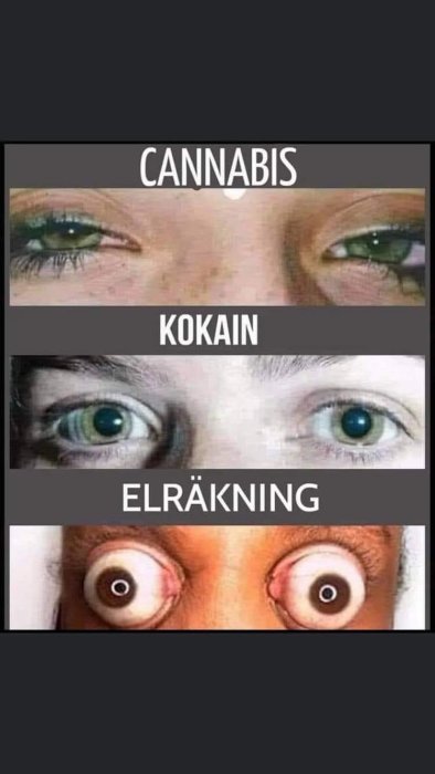 Tre bilder av personers ögon med texten "Cannabis", "Kokain" och "Elräkning" ovanför.