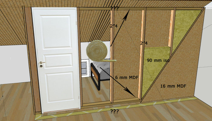 3D-rendering av en planerad sovalkov under snedtak med måttangivelser för trästomme och isolering.