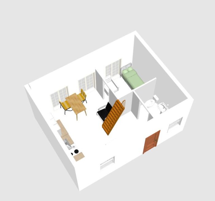 3D-modell av en kompakt lägenhetslayout med sovloft, kök, matplats och badrum.