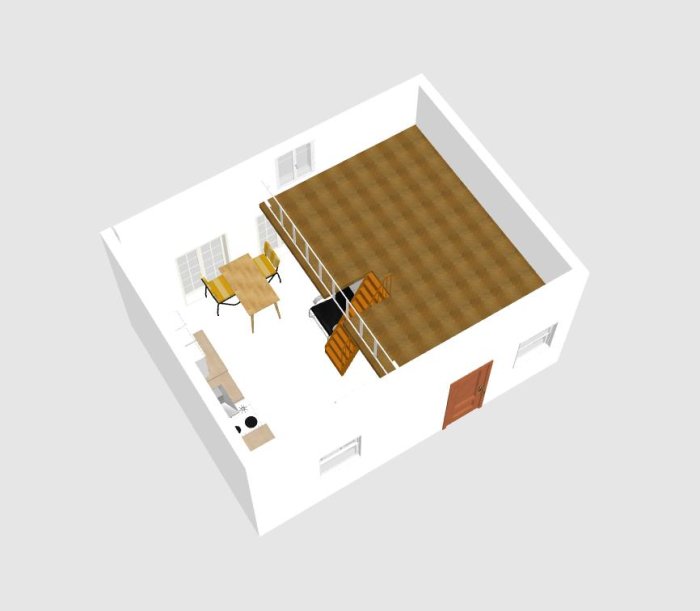 3D-modell av ett rum med sovloft, matbord och kök, diskuterar loftets höjd i förhållande till användarens fru.