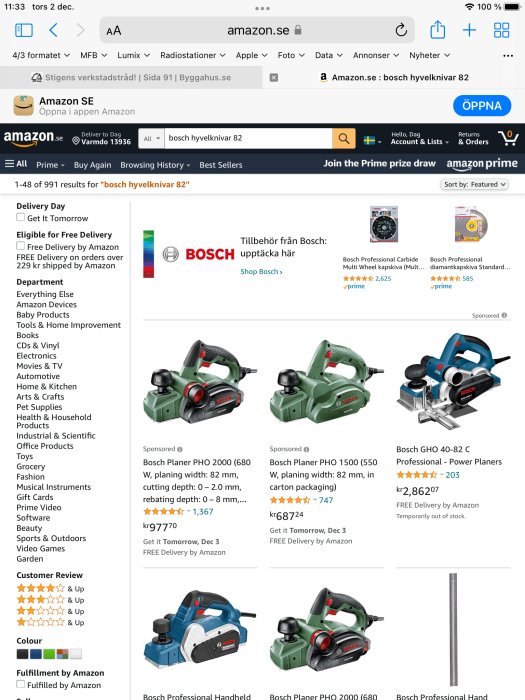 Skärmbild av Amazon.se med sökresultat för "Bosch hyvelknivar 82" som visar olika Bosch hyvelmodeller.