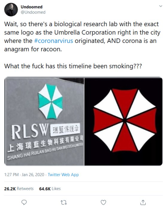 Jämförelse av logotyper, en aqua-tegelstensfärgad för bioteknikföretag, och en röd och vit för Umbrella Corporation.