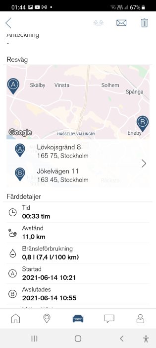 Skärmdump av elektronisk körjournal med karta och resväg från Lövkojsgränd 8 till Jökelvägen 11 i Stockholm, tid och bränsleförbrukning.