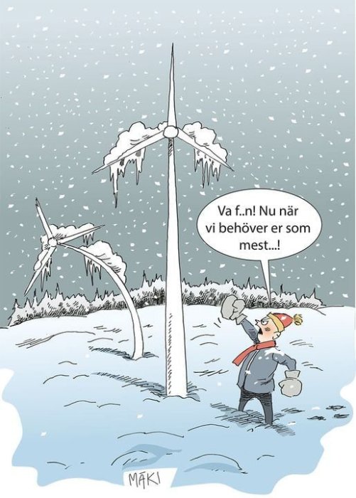 Illustration av en person i vinterkläder som tittar på två vindkraftverk i snöväder, ett fruset och böjt, med pratbubbla.