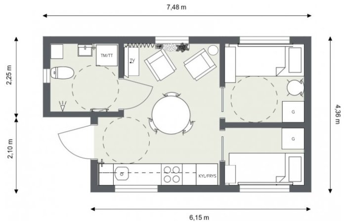 Planritning av ett 30 kvm attefallshus med sovrum, köksuppställning och badrum, inrett med möbler.