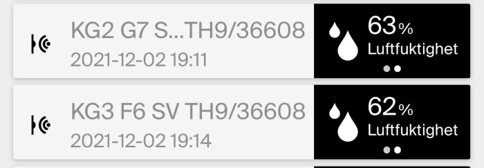 Skärmdump av Telldus temp/RF-sensorer som visar luftfuktighetsvärden: 63% och 62%.