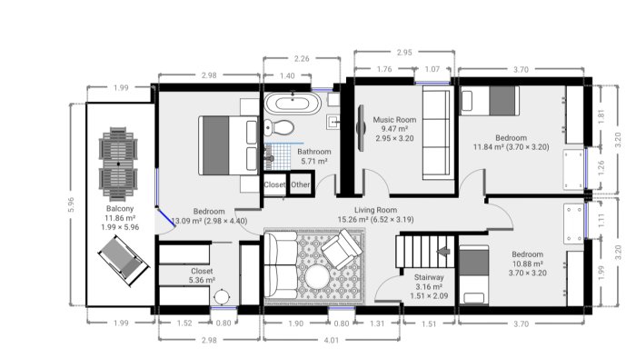 Översiktsplan av en husvåning visar rummens layout med mått, ett vardagsrum, sovrum, badrum, musikrum och garderober.