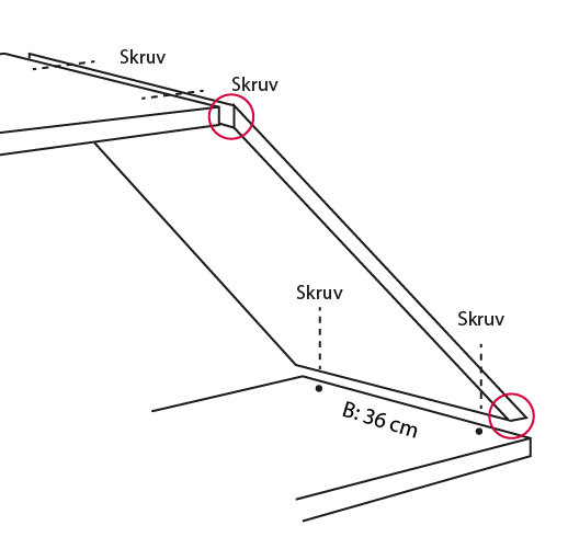 Schematisk ritning av en vitlackad hyllskiva med vinklad kant för förvaring under trappa, bredd 36 cm och skruvmarkeringar.