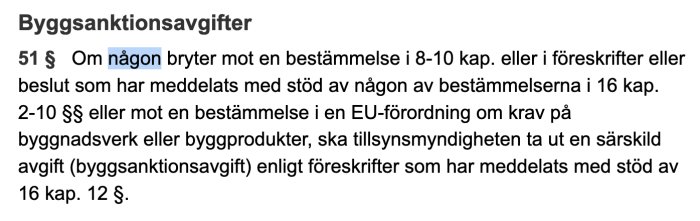 Textdokument som beskriver regler kring byggsanktionsavgifter enligt svensk plan- och bygglag.