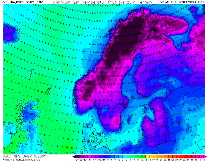 Väderkarta som visar förväntade minimumtemperaturer i Europa från GFS-modellen.