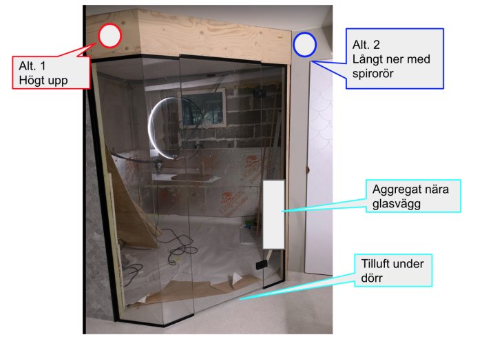 Bastubygge under arbete med märkta platser för ventilation och aggregat; tilluft markerad under dörren och alternativa utluftspunkter högt upp och lågt nere.