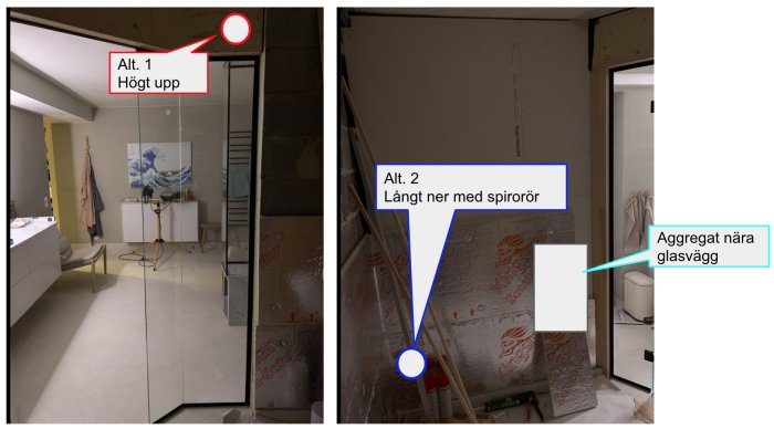 Interiör av ett bastubygge med två ventilationssystem markerade; ena högt upp, andra nära golvet med spirorör.