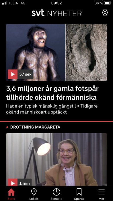 Rekonstruerad förhistorisk människa och ett fossiliserat fotspår, relaterat till nyhetsartikel.