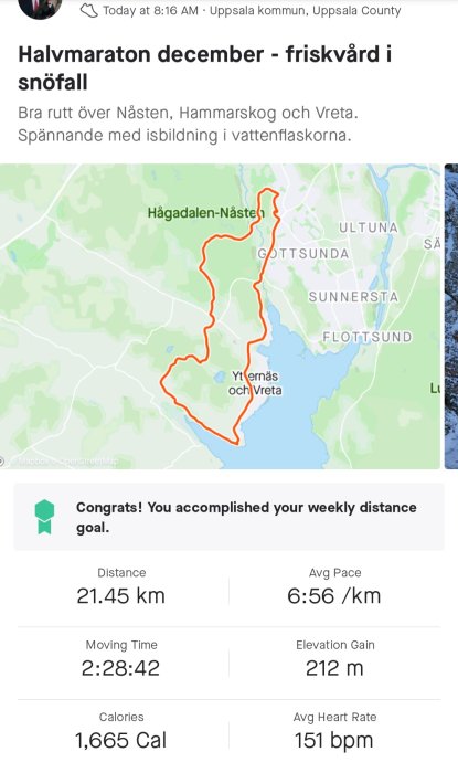 Kartskärm med markerad löprutt på 21.45 km, tid 2:28:42 och kaloriförbränning på 1665 Cal för ett halvmaraton.