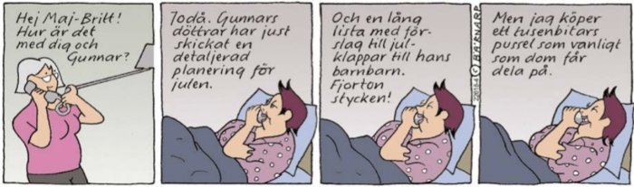 Seriebild med kvinna som pratar i telefon om julplanering och skämtsamt avslöjar att hon köper ett pussel att dela med barnbarnen.