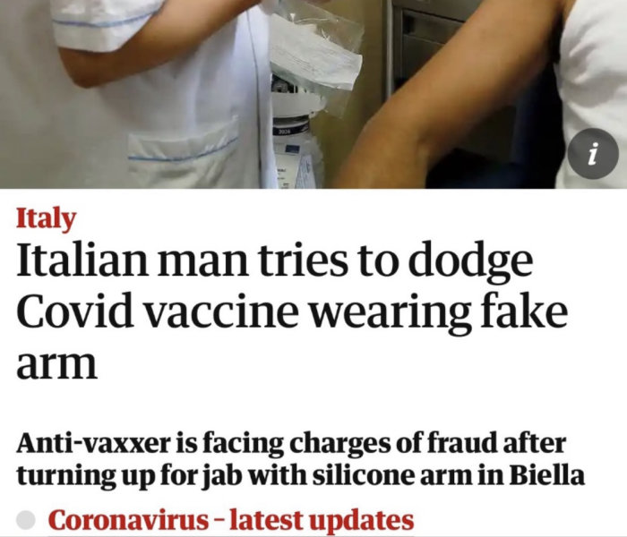 Nyhetsartikel om man i Italien som försöker undvika Covid-vaccinering med falsk arm.