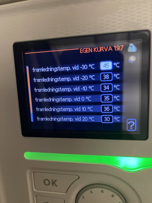 Digital display som visar temperaturinställningar för uppvärmning vid olika utomhustemperaturer.