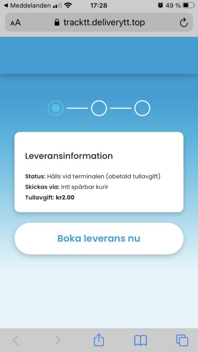 Skärmbild av misstänkt sms-budskap med falsk leveransinformation och en knapp för att boka leverans.