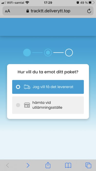 Skärmbild av en misstänkt leveransvalsida på en telefon med alternativ för hemleverans och utlämningsställe.