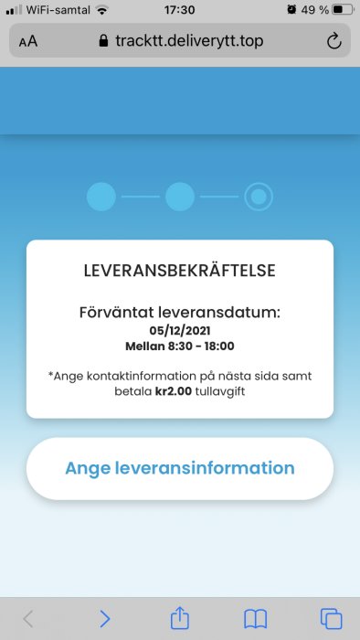 Skärmdump av misstänkt bedrägligt leveransbekräftelsemeddelande med tullavgiftsnotis.
