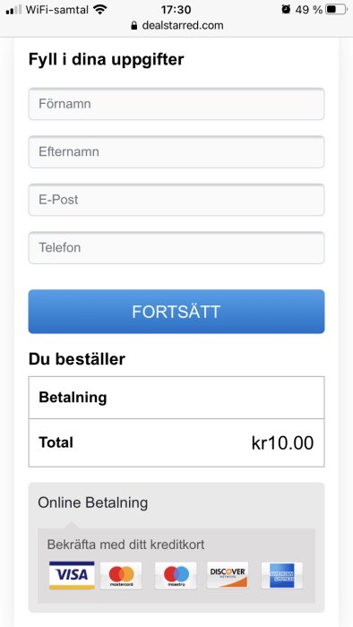 Skärmbild av misstänkt betalningsformulär för tullavgift med otillräckliga leveransdetaljer.