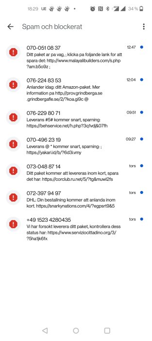 Skärmbild av mobiltelefon som visar en lista över blockerade spam-samtal och textmeddelanden.