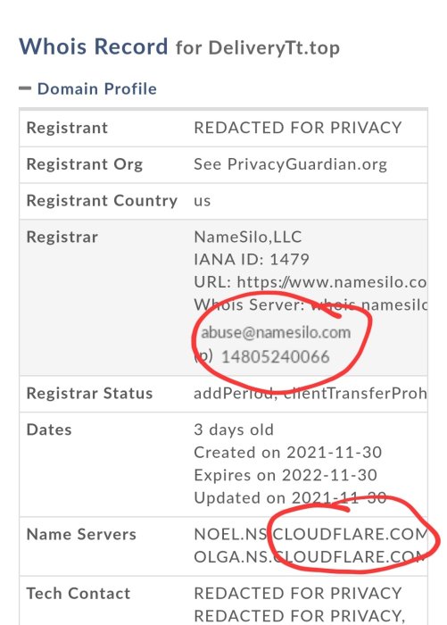 Whois-uppgift för deliverytt.top som visar kontaktinfo för att rapportera missbruk.