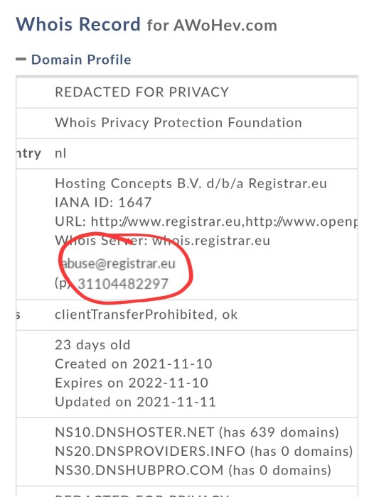 Skärmdump av whois-uppgifter för domänen 'AWoHev.com' med markerad abuse-kontaktinformation.