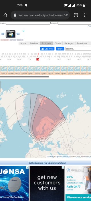 Karta som visar satellitens täckningsområde, 'footprint', för Thor över Europa.