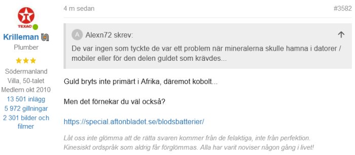 Skärmdump av forumdiskussion kring mineralutvinning med textinlägg och länkar.