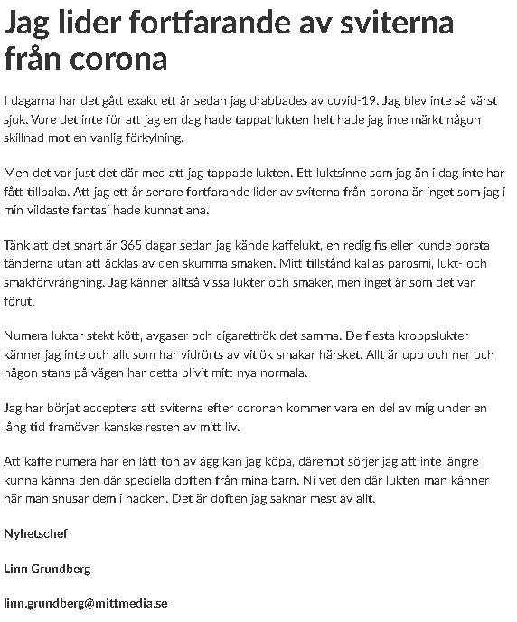 En artikel i en tidning med rubriken "Jag lider fortfarande av sviterna från corona" som beskriver personliga erfarenheter av långtidseffekter.