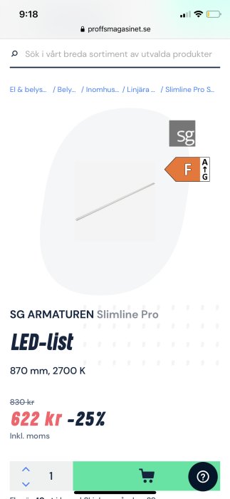 SG ARMATUREN Slimline Pro LED-list på webbsida, 870mm och 2700K, med prisinformation.