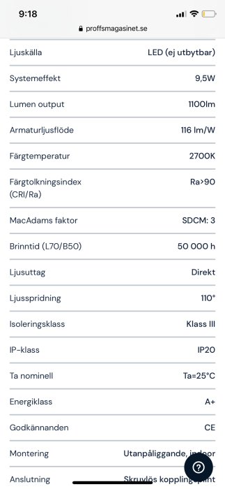 Skärmdump av en LED-armaturs specifikationer inklusive ljuskälla, systemeffekt och färgtemperatur.